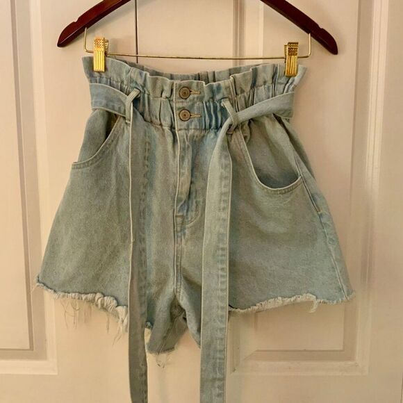 Vervet Paperbag Belted Denim Shorts Light Wash Elastic Waist Medium - Picture 6 of 12